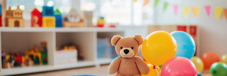 A vibrant playroom displays cheerful balloons and various toys, inviting children to engage in imaginative and playful activities all day long.の素材