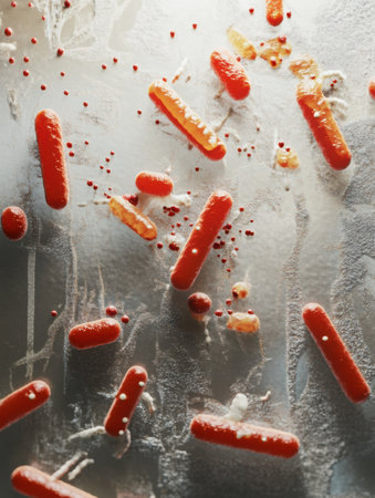 This close up captures various microbes on everyday surfaces like door handles and smartphones, showing their prevalence in daily life.の素材