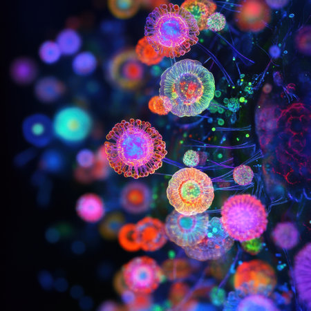 Microscopic view of vibrant viruses interacting with human cells, showing the complexity of cellular interaction and structure.の素材