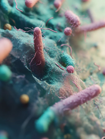 Exploration of diverse microbes on everyday surfaces revealing intricate details of bacterial life thriving in urban environments.の素材