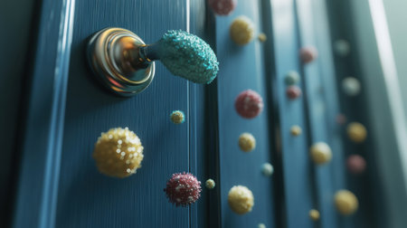 Close examination of door handles and smartphones shows a variety of microbes thriving on everyday surfaces in a modern environment.の素材
