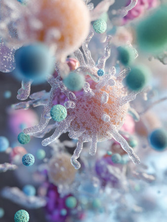 Microscopic organisms are visible on surfaces commonly touched, illustrating potential health hazards and the importance of hygiene practices.の素材