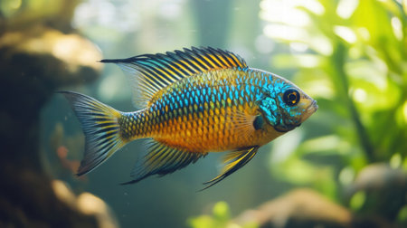 Tropical fish displaying vivid colors swim dynamically within a clean aquarium filled with vibrant green foliage.の素材