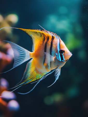 Brightly colored tropical fish swim elegantly in a well maintained aquarium, showing their vivid patterns among lush aquatic plants.の素材