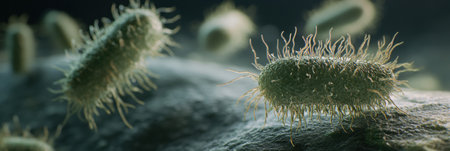 Close up view of numerous microbes thriving on everyday surfaces, highlighting the unseen life present on doorknobs and smartphones.の素材