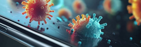 Close up view of various microbes on common surfaces such as smartphones and door handles highlights potential health risks.の素材