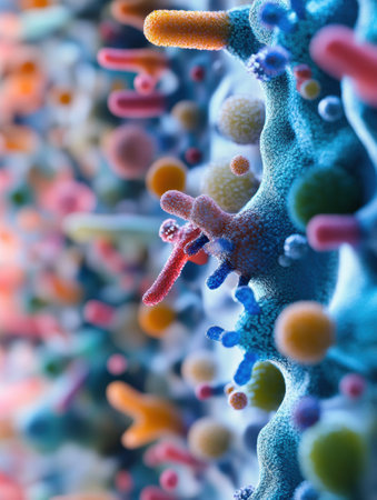 Microbes proliferate on surfaces frequently touched by hands, revealing vibrant colors and diverse shapes in a microscopic world.の素材