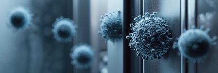 Microscopic organisms visible on surfaces commonly touched such as door handles and smartphones, showing potential health risksの素材