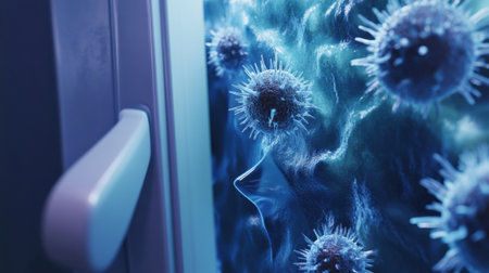 Observing the intricate details of microbes present on frequently touched surfaces in a typical indoor setting highlights hygiene concerns.の素材