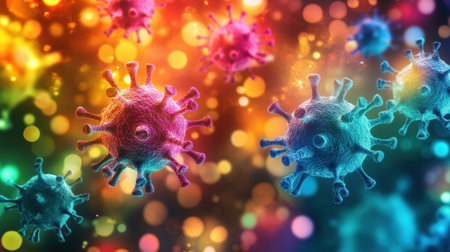 Colorful viruses are shown engaging with cells in a complex microscopic landscape that emphasizes their interaction and activity.の素材