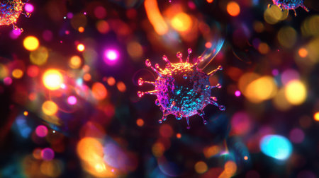 Colorful depiction of viruses engaging with host cells, illustrating intricate biological interactions within a microscopic environment.の素材