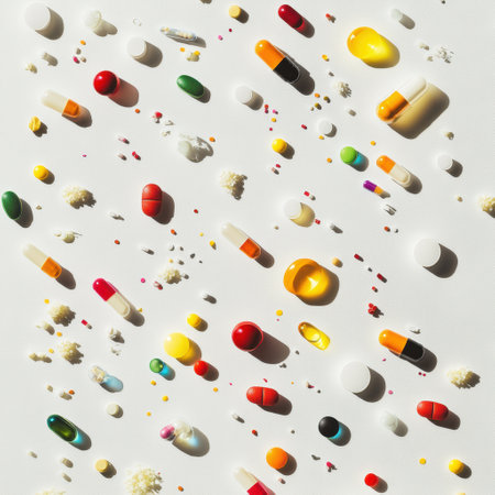 A diverse collection of pills and capsules in multiple colors scattered on a white background, illustrating their different forms and functions.の素材