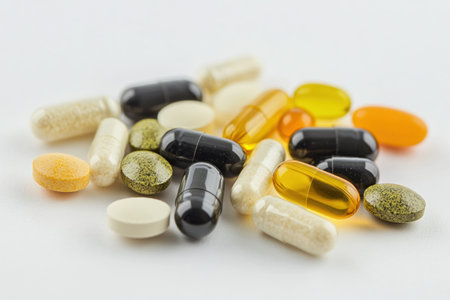 A diverse collection of colorful pills and capsules is arranged on a light background, displaying their different shapes and sizes.の素材