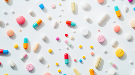 A vibrant assortment of pills and capsules in different colors scattered across a light surface, highlighting their unique shapes and sizes.の素材