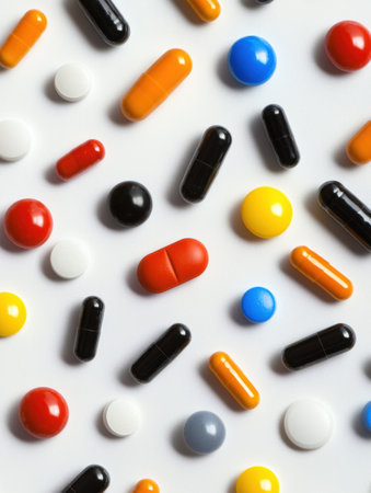 A bright array of pills and capsules in different colors and shapes scattered on a plain surface creates a vibrant scene.の素材