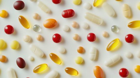 A spread of various colored pills and capsules on a clean white surface highlights their diversity and appeal in health supplements.の素材