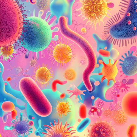 Colorful illustration features diverse microbes in distinct shapes and textures, highlighting their microscopic beauty and complexity.の素材