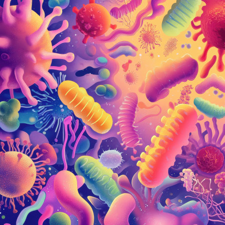 Intricate depiction features an array of colorful microbes exhibiting various shapes and textures in a lively microscopic environment.の素材
