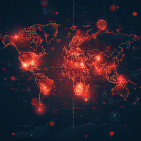 Map displays global outbreak epidemic zones with highlighted areas indicating severity and data points showing affected regions over time.の素材