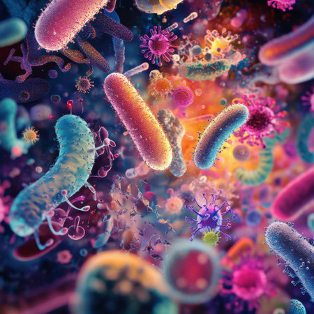 Diverse microscopic microbes showcase an array of colors, shapes, and textures, highlighting the complexity of microbial life in a dynamic setting.の素材