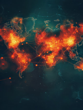 Global map illustrating areas affected by epidemic outbreaks, showing intensity and connectivity between regions of concern.の素材