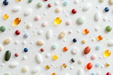 Colorful variety of pills and capsules is laid out in an organized manner, showing health supplements and medications for wellness.の素材