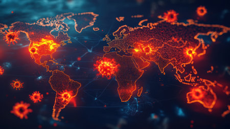 Map displays areas around the world impacted by epidemic outbreaks, highlighting severity and distribution in specific locations.の素材