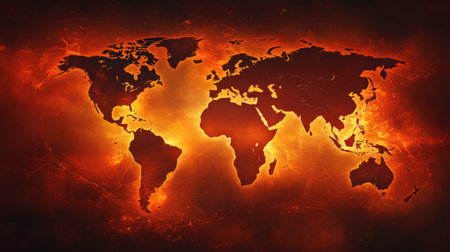 A dramatic representation of a world map showing zones impacted by epidemic outbreaks, emphasizing regions of concern and urgency.の素材