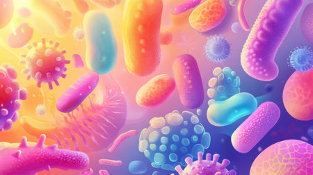 Colorful illustration depicts a variety of microscopic microbes in different shapes, textures, and sizes against a vibrant backdrop.の素材