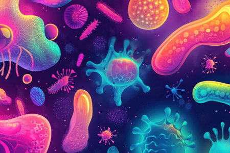 This artwork showcases diverse microscopic microbes with unique shapes and textures against a vibrant backdrop.の素材