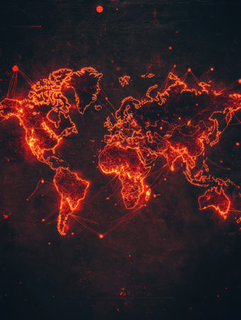 Map displays various zones of epidemic outbreaks across the globe with intense colors, illustrating the impact of health emergencies worldwide.の素材