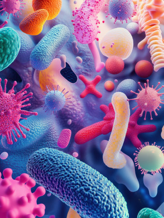Colorful microbes display diverse shapes and textures, showing their intricate forms in a vibrant environment.の素材