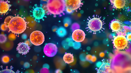 Colorful viruses appear to interact with human cells, highlighting intricate biological activities happening at a microscopic level.の素材