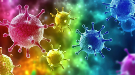 Viruses are depicted interacting with cells in a vibrant display of biological processes occurring in a microscopic world.の素材
