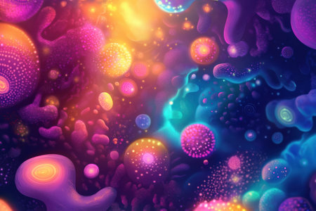 Colorful microscopic microbes display various shapes and textures, creating an abstract scene of life beneath the surface of a vibrant environment.の素材