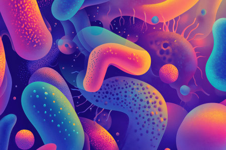 Colorful depiction reveals the complexity of microbes with unique forms and surface details in a microscopic environment bursting with lifeの素材