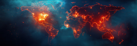 A visual representation of the world map showing epidemic outbreak zones, emphasizing areas with heightened severity and risks.の素材