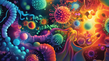 A colorful array of microscopic microbes displays various forms and textures, illustrating their fascinating diversity and beauty in nature.の素材