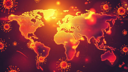 Map displays areas affected by epidemics, illustrating outbreaks across different regions worldwide and their intensity.の素材