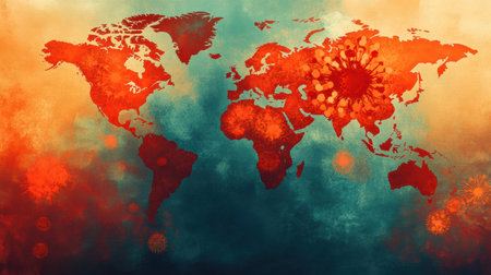 Map displays highlighted areas demonstrating significant epidemic outbreaks around the globe, showing affected regions and their extentの素材