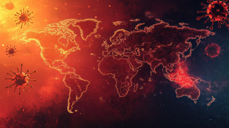 Epidemic outbreaks are highlighted on a world map, showing affected regions and emphasizing global health concerns.の素材