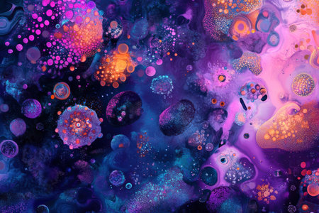 Colorful depiction reveals an array of microscopic microbes displaying unique shapes and textures against a striking background filled with patterns.の素材