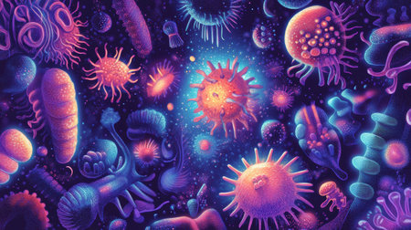 Vivid illustration presents various microscopic microbes in different shapes and textures, highlighting the complexity of life in a vibrant setting.の素材