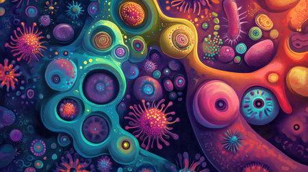 A vivid illustration showcases diverse microscopic microbes in unique shapes and textures, captivating viewers in their natural habitats.の素材