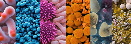 Microscopic examination reveals various types of microbes frequently residing on everyday items such as door handles and smartphones.の素材