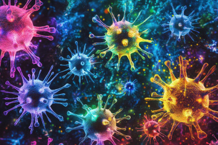 Colorful viruses engage with human cells, showcasing dynamic interactions at the microscopic level within a biological environment.の素材