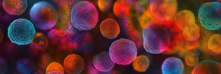 Viruses engage with cells in a colorful microscopic landscape, showing complex biological interactions occurring constantly in nature.の素材