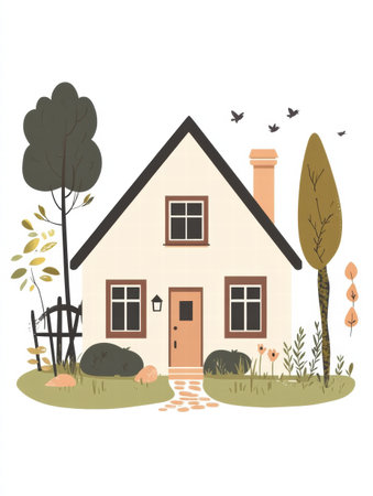 A charming house silhouette surrounded by a well kept garden exudes a cozy feeling in a serene neighborhood setting during daylight.の素材