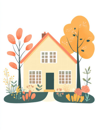 A simple silhouette showcases a charming house surrounded by a lush garden filled with colorful flowers and trees, evoking a warm atmosphere.の素材