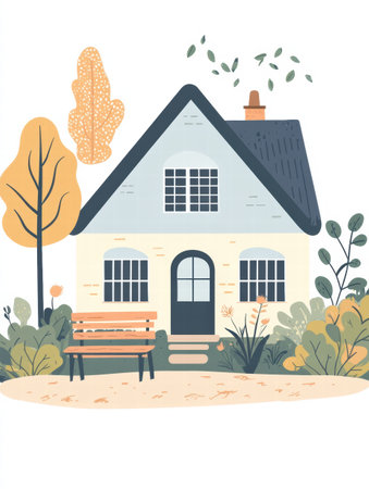 Charming house silhouette surrounded by a vibrant garden and trees, creating a serene atmosphere in a warm autumn setting.の素材